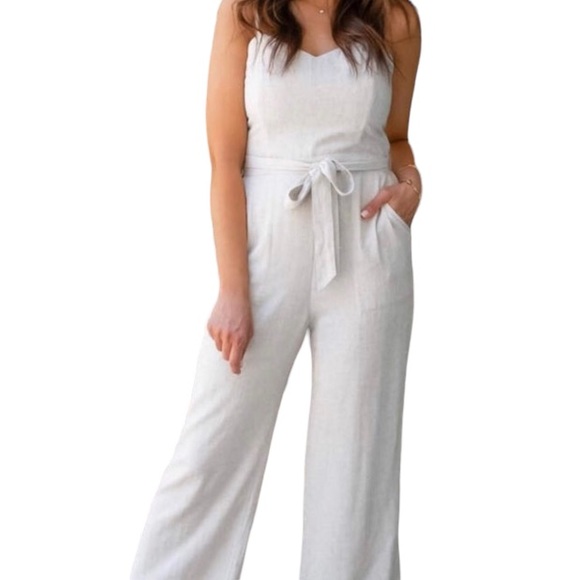 Abercrombie & Fitch Pants - Abercrombie & Fitch linen oatmeal jumpsuit smocked back fabric belt, Medium